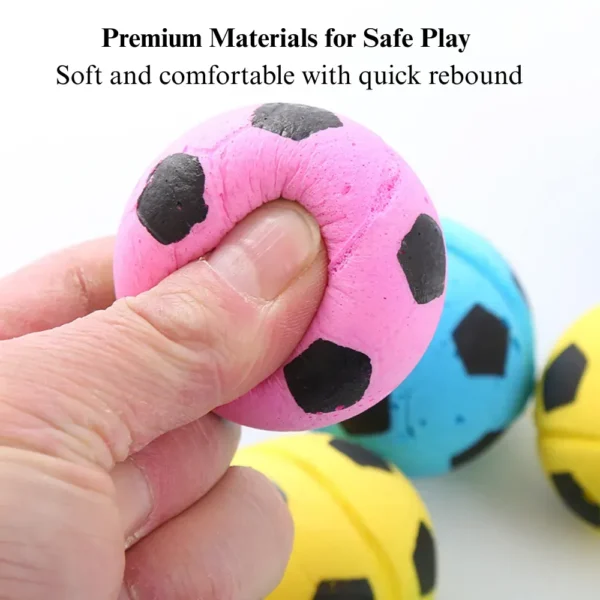 8bb8dfba044c08af23950586e06766bd Close-up of latex foam soccer cat toy ball showing soft texture and soccer design pattern.
