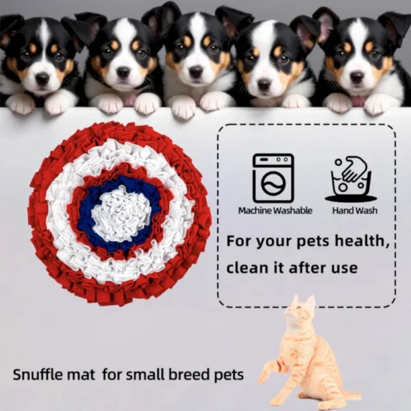 93cfdcb36cbb3b5a4fdfa03472528c5d Close-up of fleece layers and stitching on durable round dog snuffle mat