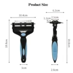 954a3e2fa753be7e3786628baaf02bfe Dimensions of 3-in-1 pet grooming comb with ergonomic handle and dual blades