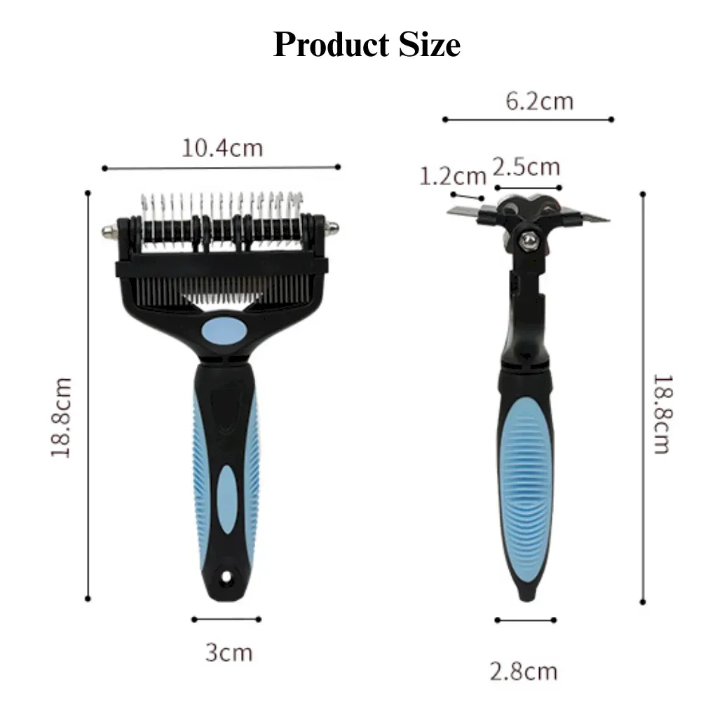 Dimensions of 3-in-1 pet grooming comb with ergonomic handle and dual blades