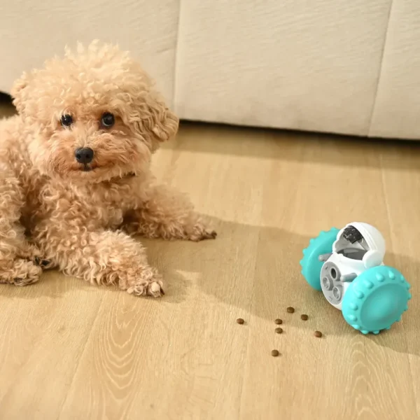 bbd2d1bfc55e8a33d74fec3112bce547 Dog Playing with Robot Interactive Tumbler Toy Dispensing Treats on Floor