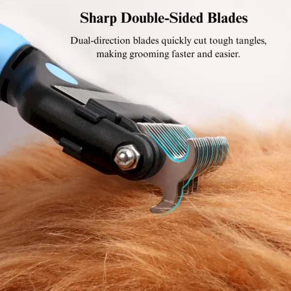 bf7da3f31a94300efeb461f15a08de03 Pet groomer using 3-in-1 grooming comb on dog coat – Professional grooming tool