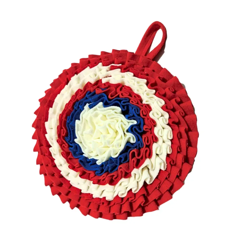 Durable round dog snuffle mat red blue white for IQ training and slow feeding