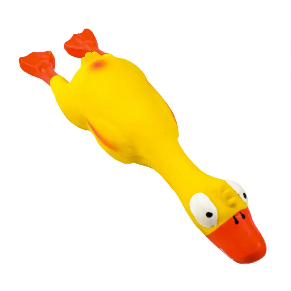 Soft durable latex duck dog toy with squeaker, yellow and red color, funny design, ideal for dogs.