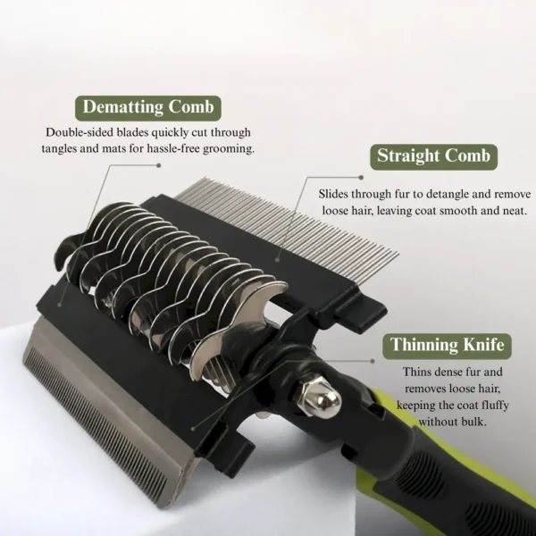 e6bbecd4e1da22258ff2350a0078fc00 Close-up of dematting blades and handle grip – Pet Grooming Comb Wholesale