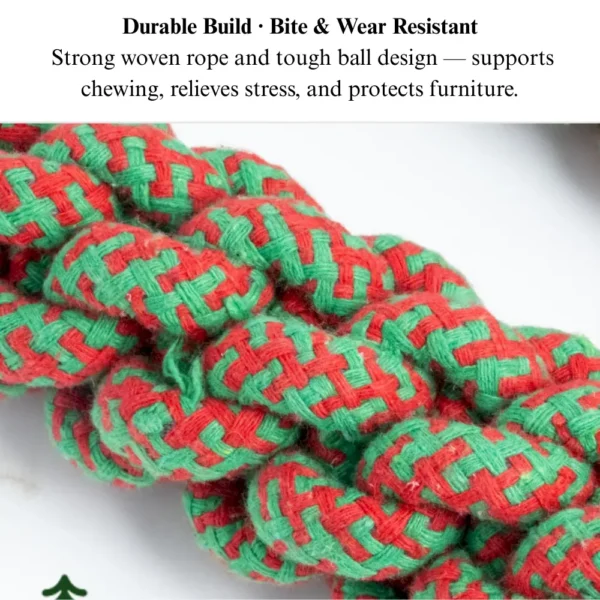 ed385a6e0c768b47066a3fc59fea6fcf Close-up of durable cotton rope and tennis ball texture on Christmas dog toy