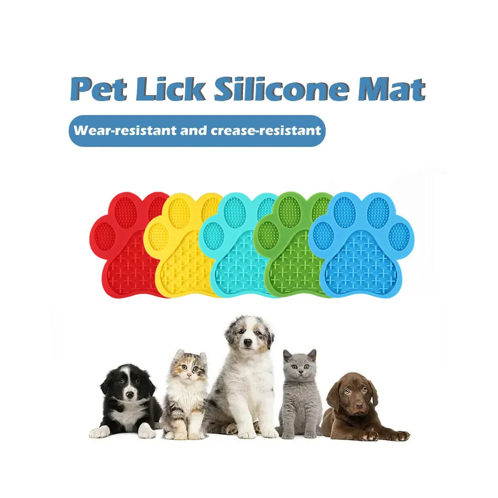 Silicone dog lick mat paw shape in assorted colors – red, yellow, green, light blue, dark blue, grey – bulk pet supply wholesale