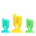 Set of three assorted cactus dog toothbrush chew toys in yellow, green, and blue.