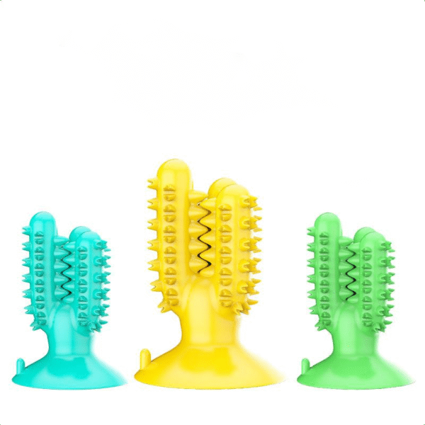 Set of three assorted cactus dog toothbrush chew toys in yellow, green, and blue.