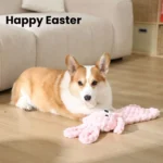 02060d1624e5e8dc086d0345975f0a75 Dog playing with pink Easter bunny squeaky toy