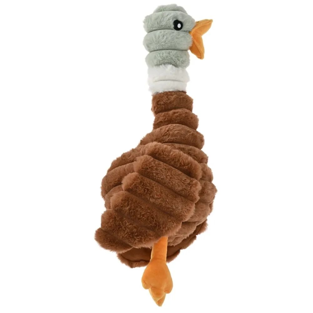 Brown duck-shaped squeaky plush dog toy from the Farm Animal Series, soft and durable for chewing.