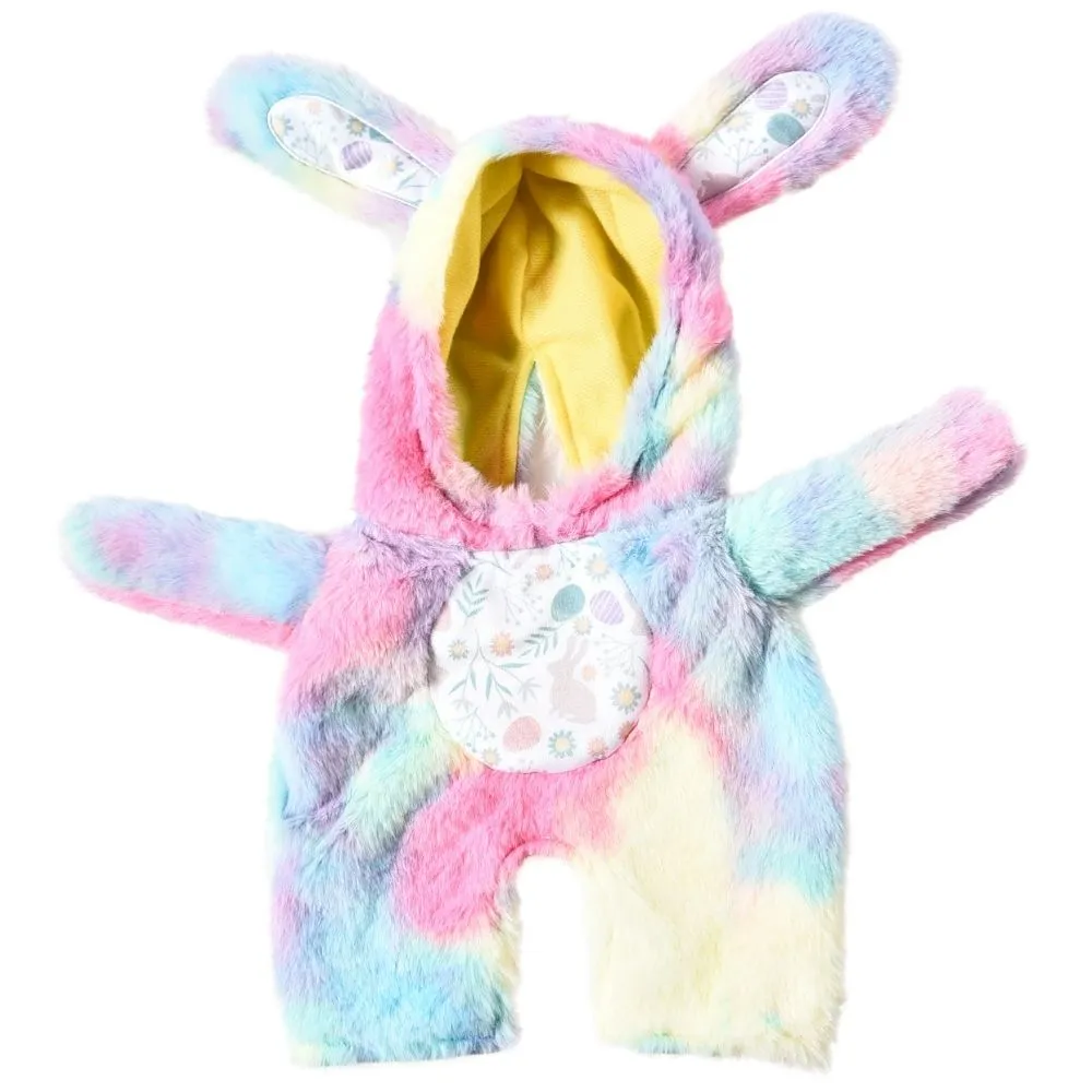 Colorful plush Easter bunny dog costume with hood and long ears, suitable for small pets – wholesale pet apparel.