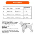 Size chart showing measurements for Easter bunny dog costume, including chest, back length, and neck width.