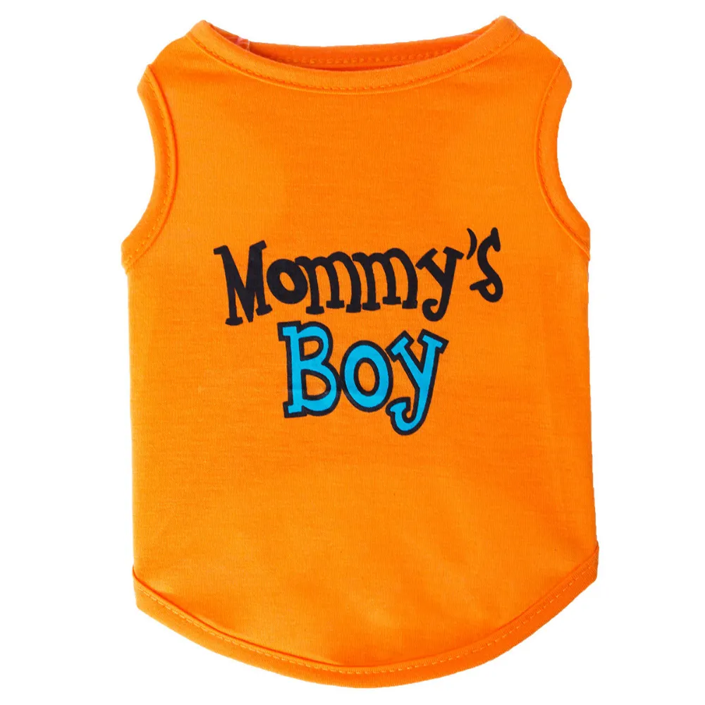 Bright orange dog vest with ‘Mommy’s Boy’ printed text, lightweight polyester summer pet shirt for small dogs.