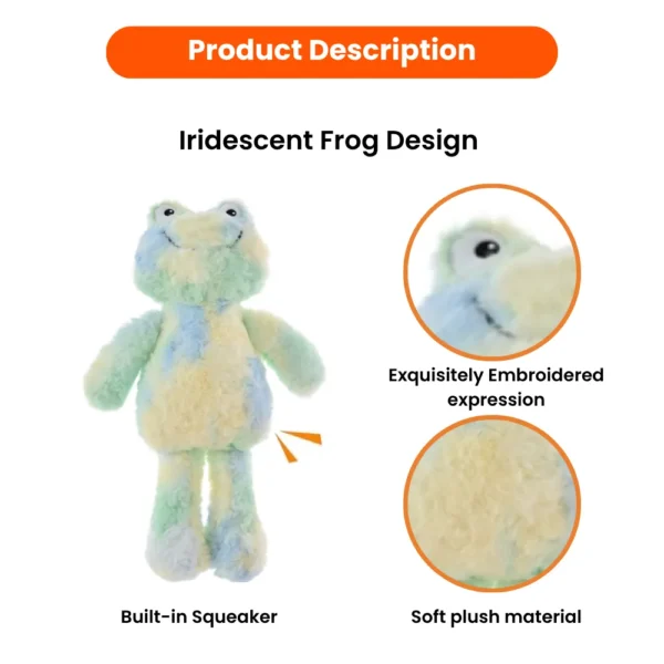 10003 Close-up of soft fuzzy texture on colorful frog plush dog toy