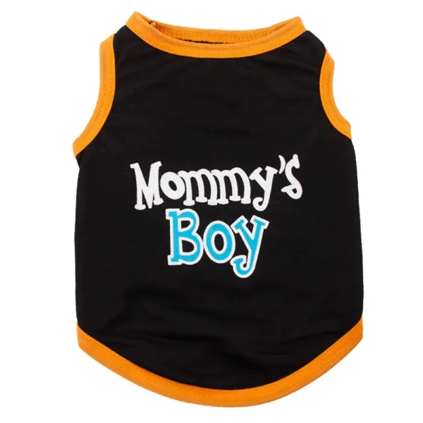 10003 black dog vest with ‘Mommy’s Boy’ printed text, lightweight polyester summer pet shirt for small dogs.