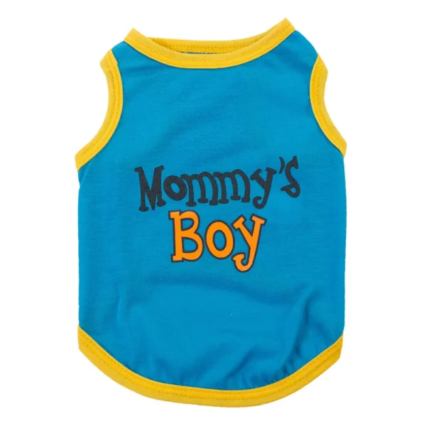 10004 Blue dog vest with ‘Mommy’s Boy’ printed text, lightweight polyester summer pet shirt for small dogs.