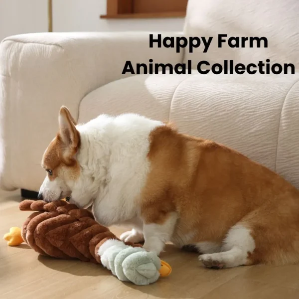 10005 Dog playing with brown duck squeaky plush toy indoors.