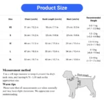 10005 Size chart for small dog summer vest including chest, neck, and back length measurements.