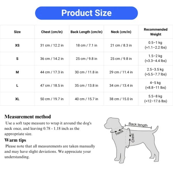 10005 Size chart for small dog summer vest including chest, neck, and back length measurements.