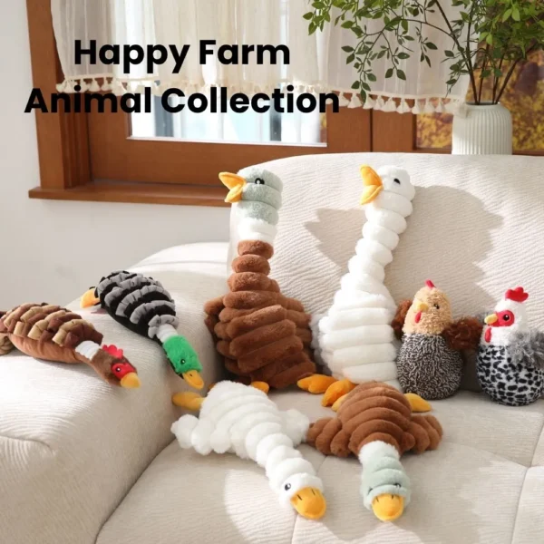 10006 Brown duck squeaky plush dog toys displayed on pet store shelves for retail.”