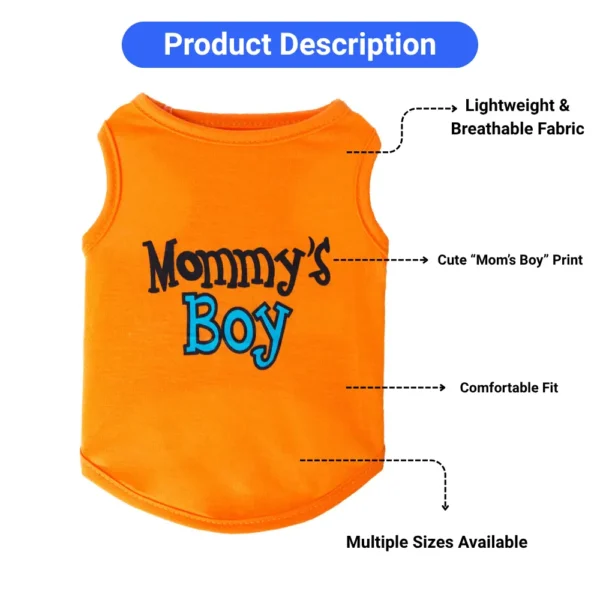 10006 Close-up of printed ‘Mommy’s Boy’ text on orange polyester dog vest.