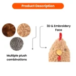 133e153249c3281a0f2d71b53e0baf31 Close-up view of the hen plush dog toy showing fluffy fabric, stitched eyes, soft beak, and crinkle-texture wings for interactive play.