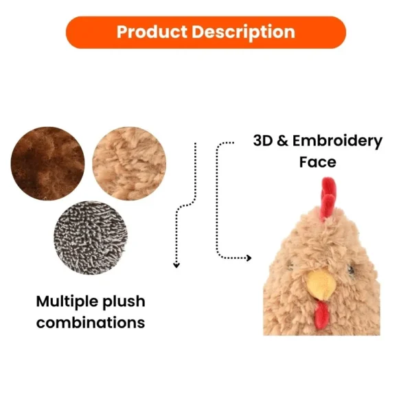 133e153249c3281a0f2d71b53e0baf31 Close-up view of the hen plush dog toy showing fluffy fabric, stitched eyes, soft beak, and crinkle-texture wings for interactive play.