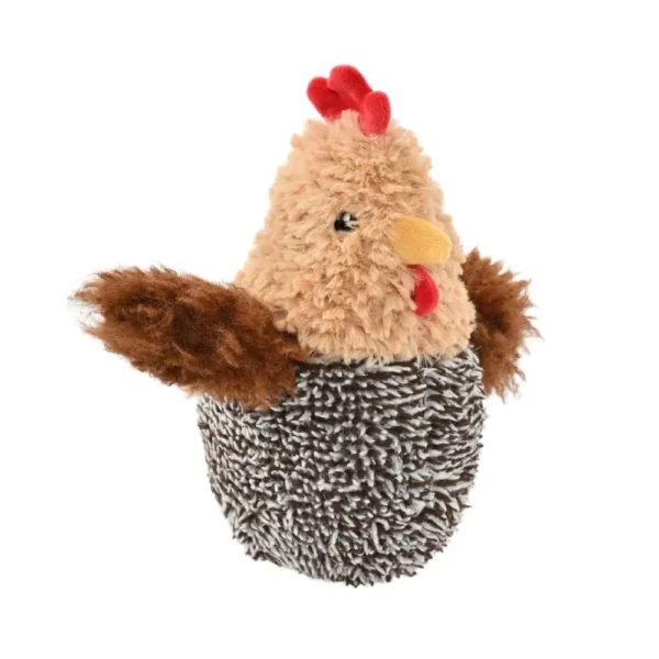 65b8de68926493a0bb8d7cdba85afff0 Easter squeaky hen plush dog toy in soft brown and grey texture with crinkle wings and built-in squeaker, wholesale pet toy for Easter promotions.