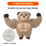 b3798b2cc0ad8cbc0d1206877cde6f32 Dog playing with muscular bear squeaky plush toy in a home environment.