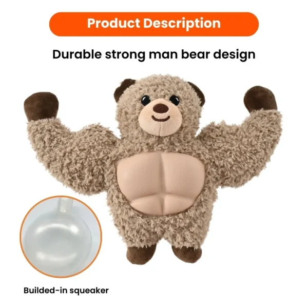 b3798b2cc0ad8cbc0d1206877cde6f32 Dog playing with muscular bear squeaky plush toy in a home environment.