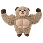 Muscular bear squeaky plush dog toy with TPR chest for wholesale pet supply retailers.