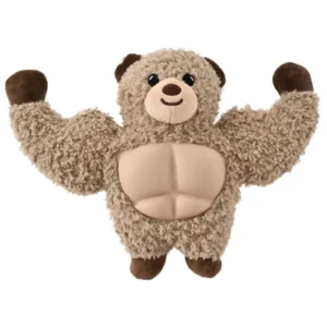Muscular bear squeaky plush dog toy with TPR chest for wholesale pet supply retailers.