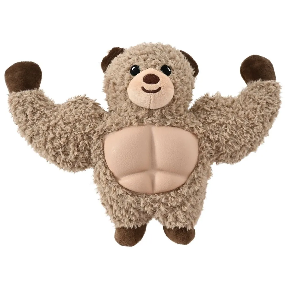 Muscular bear squeaky plush dog toy with TPR chest for wholesale pet supply retailers.