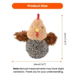 e204d74739088273c1f29f81c5d71004 Size chart of the Easter hen plush dog toy with measurements for height, width, and plush body thickness.”
