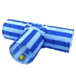 Foldable T-shape three-way cat tunnel toy in blue stripes for indoor play