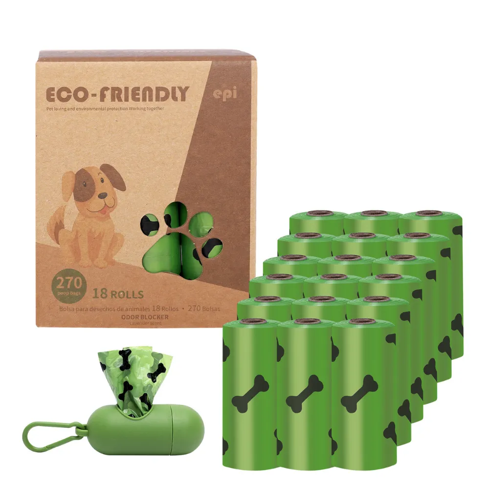 co-friendly biodegradable dog poop bags 270 count with dispenser – green bone print rolls