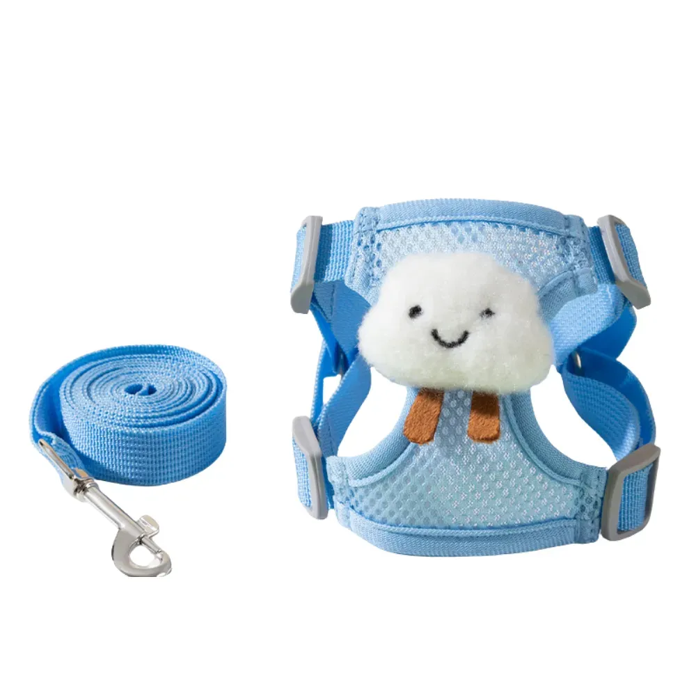Escape-proof adjustable pet harness with leash set for small dogs and cats in light blue color.