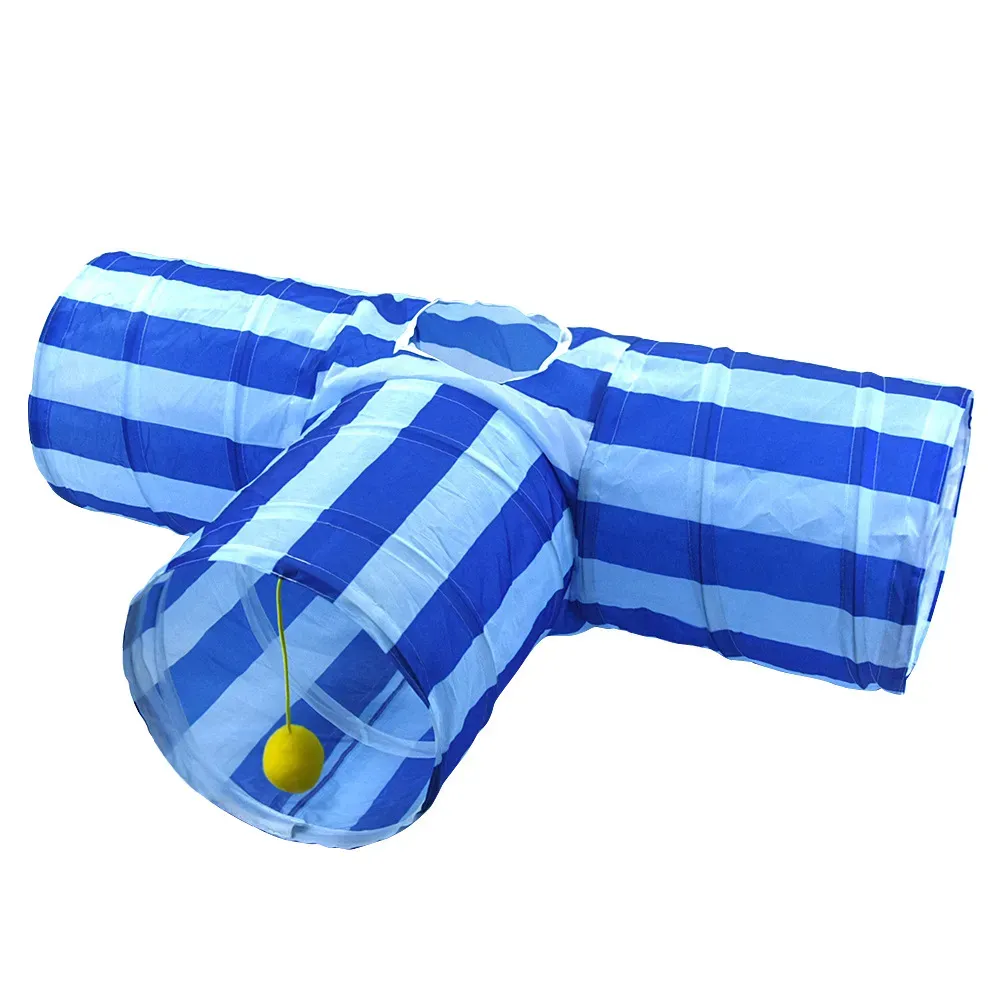 Foldable T-shape three-way cat tunnel toy in blue stripes for indoor play