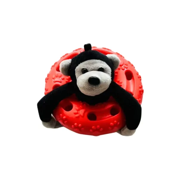 10002 Red version of gorilla dog toy with durable TPR ring for chewing and treat dispensing