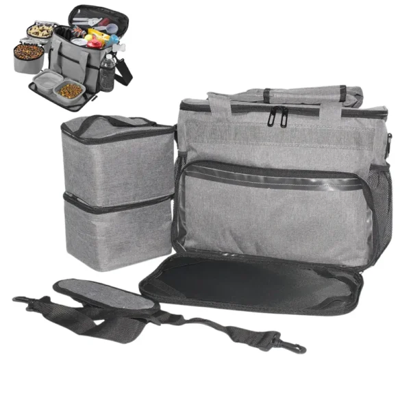 10003 Grey pet travel bag with food containers for dogs and cats