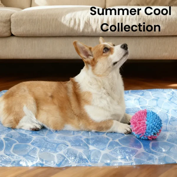 10004 Dog resting on petbw.com Water Wave Cooling Mat in a home summer environment