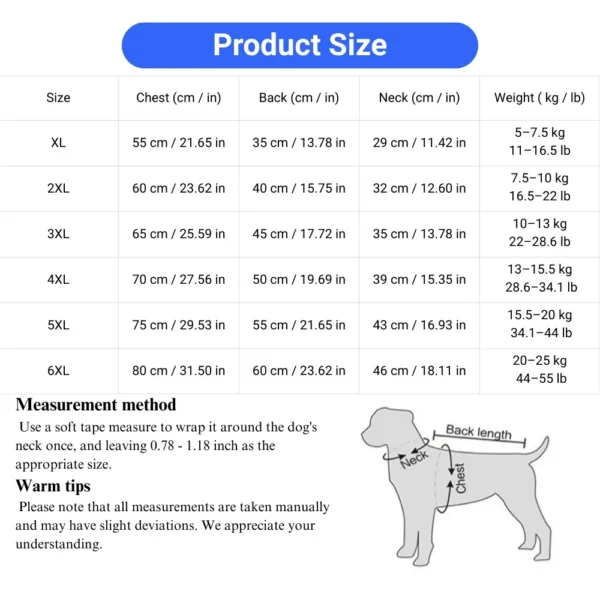 10004 Dog jacket size chart for medium and large breeds