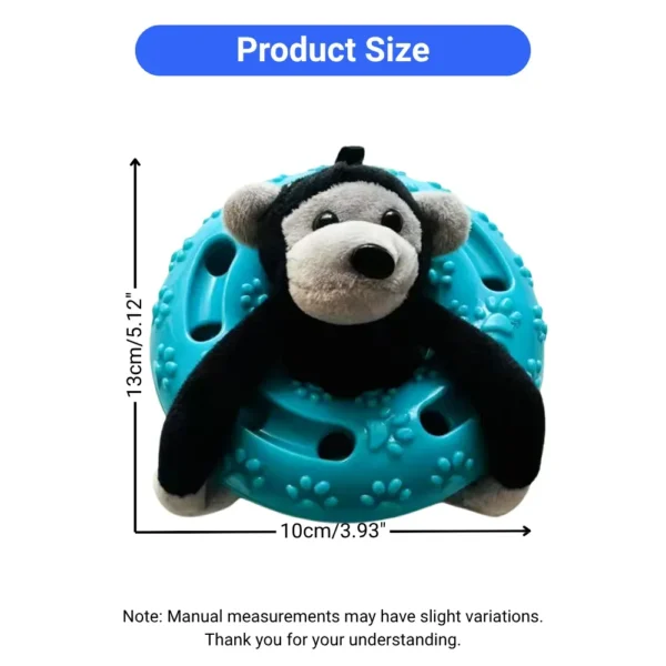 10004 Size chart of floating gorilla dog toy with TPR ring showing dimensions for retail buyers