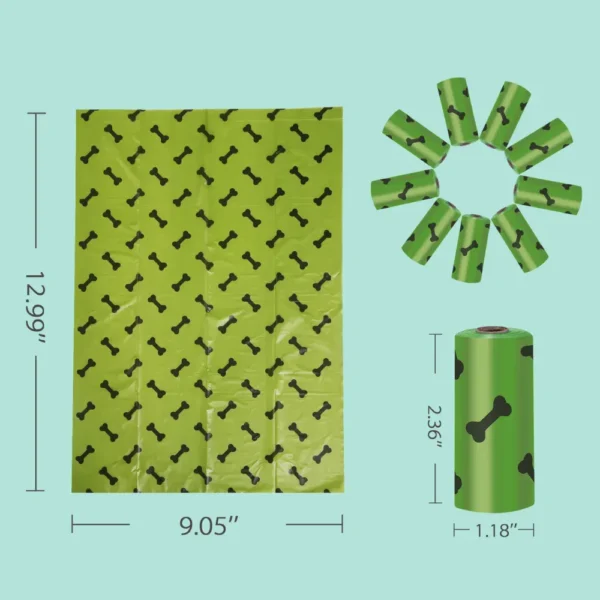 10004 Dog poop bag size chart showing width, length, and roll dimensions