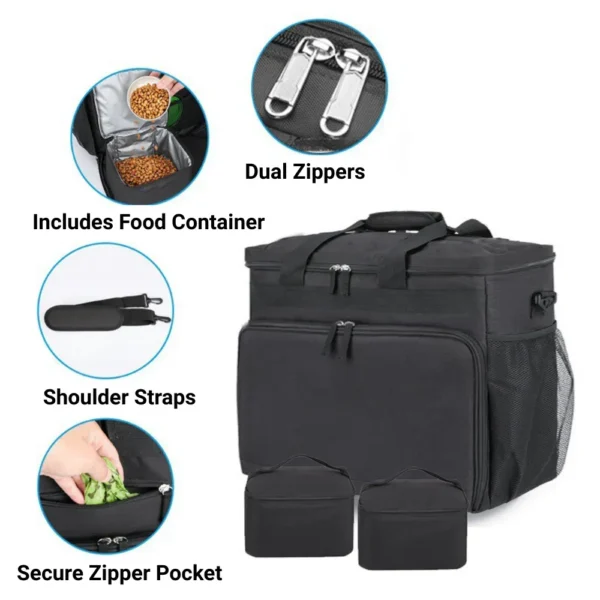 10007 Close-up of pet travel bag compartments and zippers for organized storage