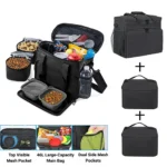 10008 Pet travel bag open showing food bowls, treats, and travel essentials