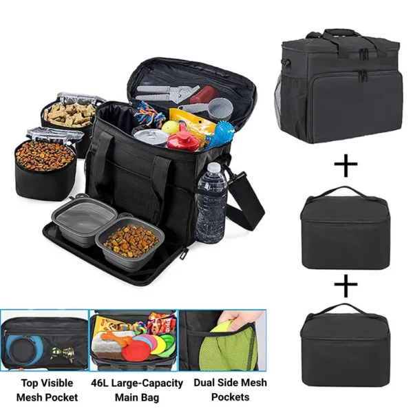 10008 Pet travel bag open showing food bowls, treats, and travel essentials